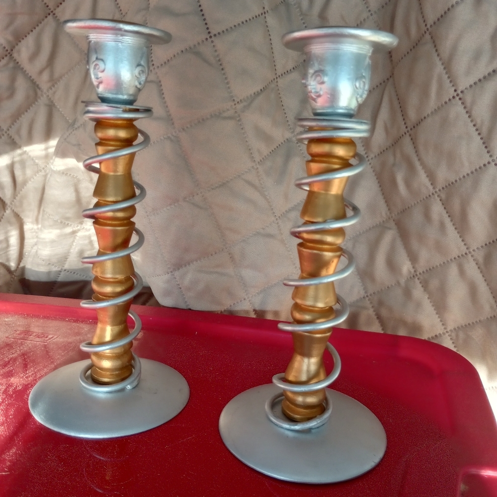 Unique!! Set of 2 Gold ,silver candle holders.Wood and metal